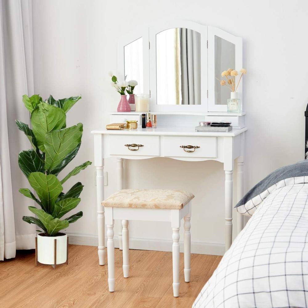 image:imageGiantex Vanity Set Makeup Table with Stool Dressing Tables with 4 Drawers TriFolding Mirror Large Mirrored Room Vanity Desk for Bedroom Bathroom Padded Seat Chair Vanities White