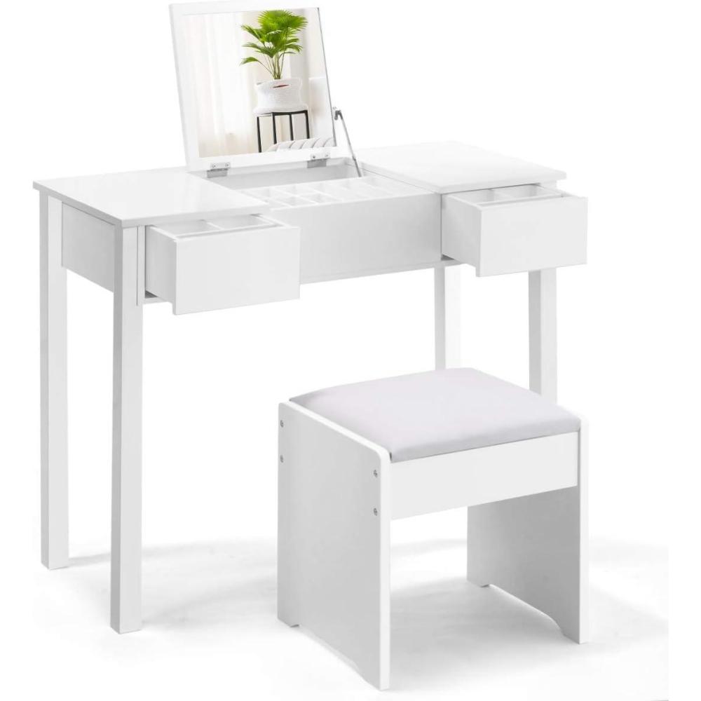 image:imageGiantex Vanity Set with Flip Top Mirror and Cushioned Stool Makeup Dressing Table Writing Desk with 2 Drawers amp 3 Removable Organizers Makeup Table Set Easy Assembly WhiteWhite