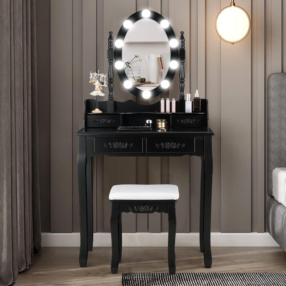 image:imageGiantex Vanity Set with Lighted Mirror Makeup Table with 10 Rose Light Modern Dressing Desk with Cushioned Stool 3 Drawers and 360 Rotating Mirror for Bedroom Vanity Table with Stool BlackBlack