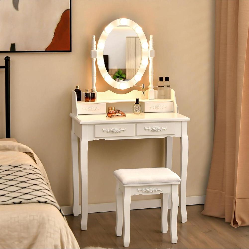 image:imageGiantex Vanity Set with Lighted Mirror Makeup Table with 10 Rose Light Modern Dressing Desk with Cushioned Stool 3 Drawers and 360 Rotating Mirror for Bedroom Vanity Table with Stool BlackWhite