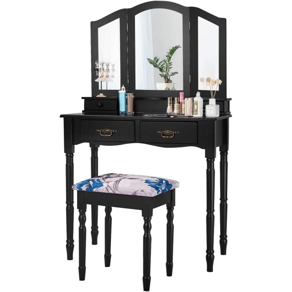 image:imageGiantex Vanity Set with TriFolding Mirror Makeup Dressing Table with 4 Drawers and Storage Shelf Modern Bedroom Bathroom Makeup Vanity Desk with Cushioned Stool for Girls Women BlackBlack