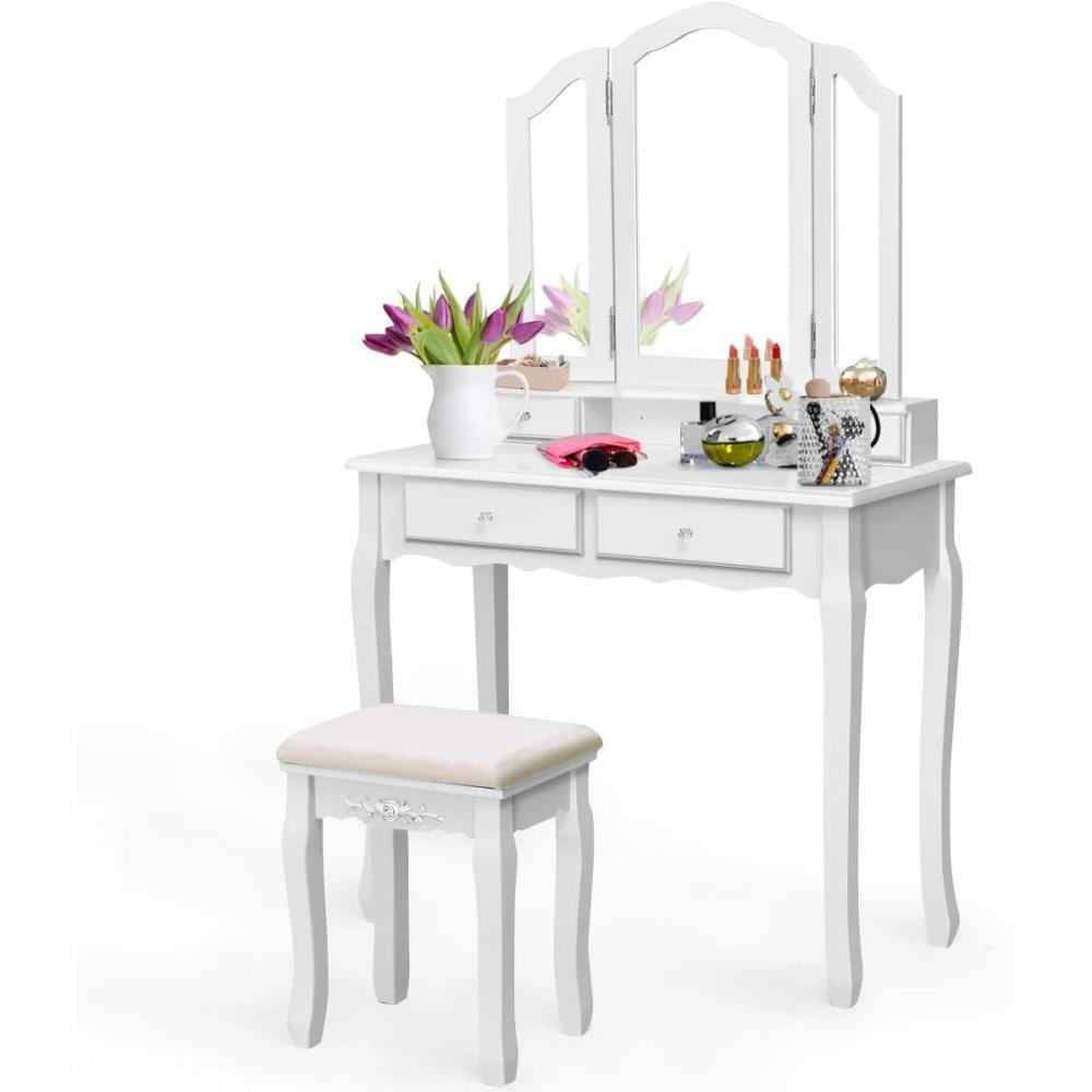 image:imageGiantex Vanity Set with TriFolding Mirror and 4 Drawers Makeup Dressing Table with Cushioned Stool for Girls Women Modern Bedroom Bathroom Makeup Table with Stool BlackWhite