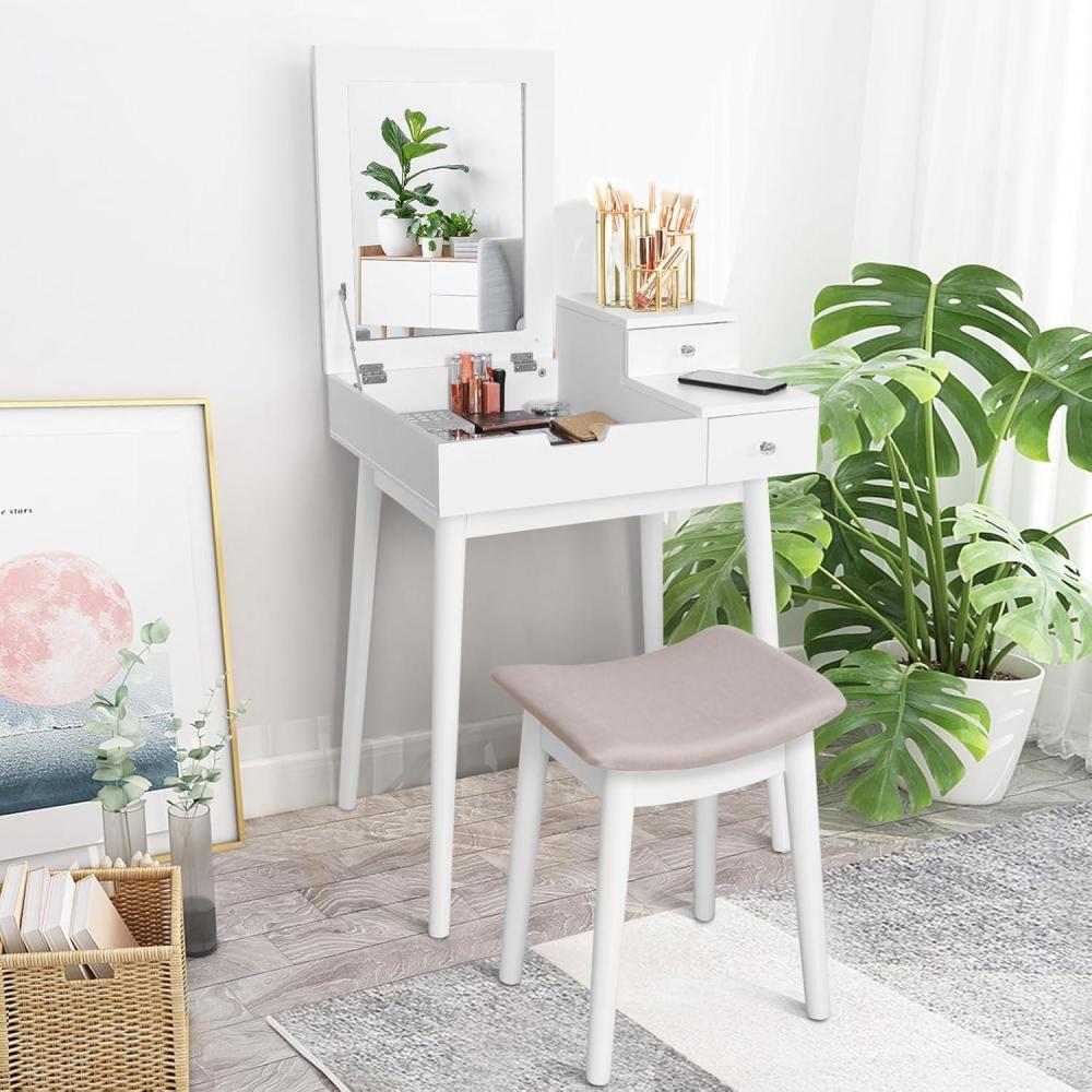 image:imageGiantex Vanity Table Set with Flip Top Mirror and Cushioned Stool Folding Top Flip Mirrored Large Storage Organizer for Home Bedroom Bathroom Makeup Dressing Table Set with 2 Drawers White
