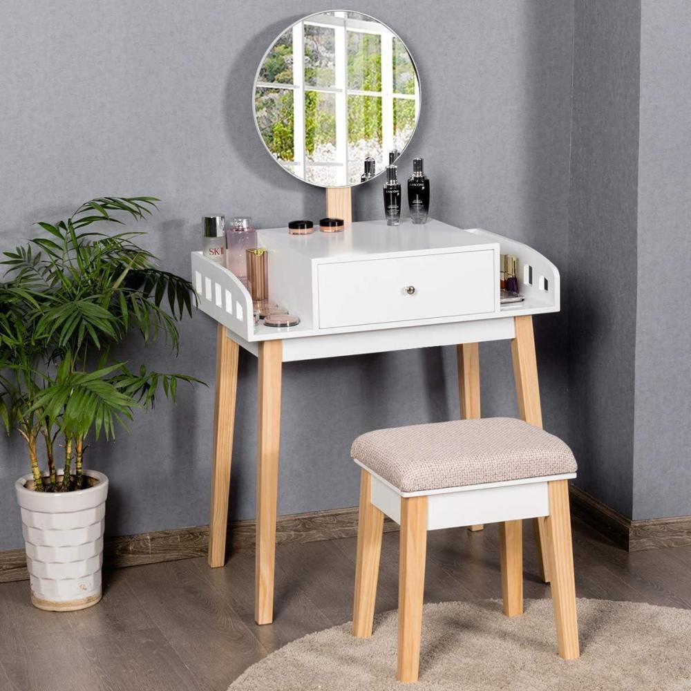 image:imageGiantex Vanity Table Set with Height Adjustable Round Mirror Makeup Mirrored Dressing Table with Cushioned Stool Side Storage and Large Drawer Gift Vanities for Women Girls Bedroom White