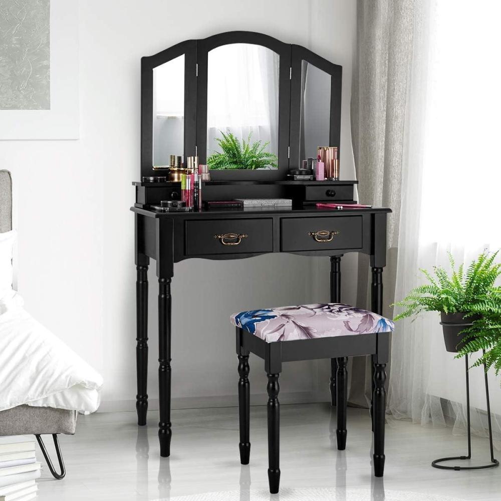 image:imageGiantex Vanity Table Set with TriFolding Mirror Makeup Dressing Table with 4 Drawers Bedroom Vanity with Padded Stool Room Desk Vanities Black