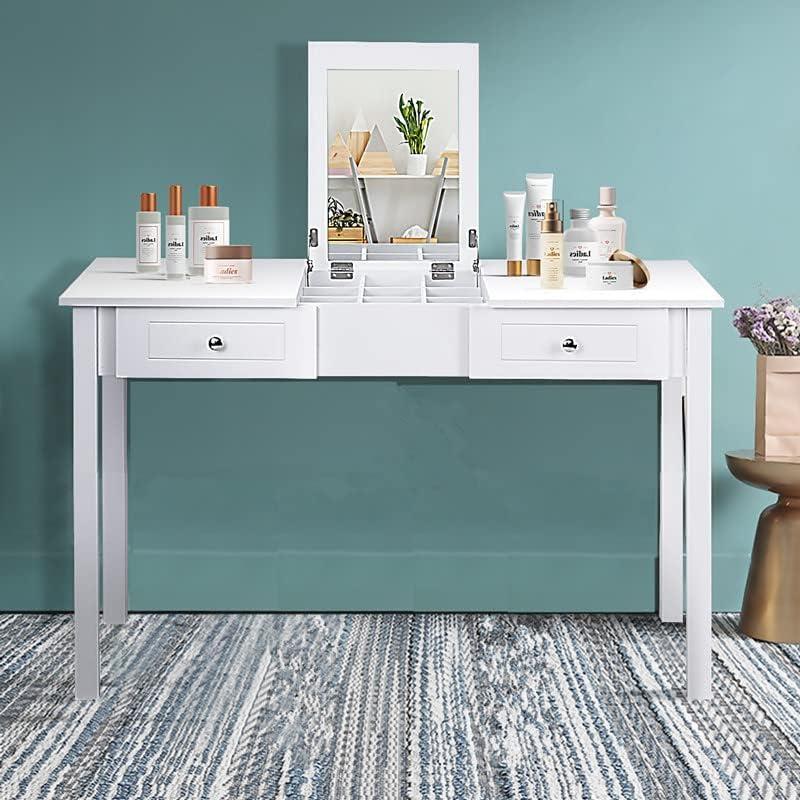 image:imageGiantex Vanity Table with Flip Top Mirror Makeup Dressing Desk with 2 Drawers and Removable Organizer Bedroom Vanity Writing Desk for Girls Women Easy Assembly White