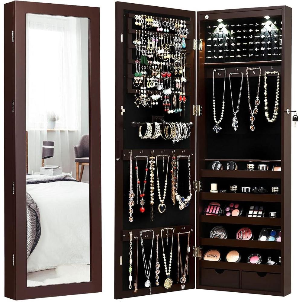 image:imageGiantex Wall Door Mounted Jewelry Armoire Cabinet with 475 H Full Length Mirror 2 LEDs Lockable Jewelry Organizer Box with Bracelet Rod 2 Drawers Large Storage Capacity BlackEspresso
