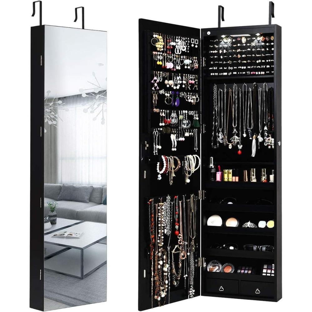 image:imageGiantex Wall Door Mounted Jewelry Armoire Cabinet with 475 H Full Length Mirror 2 LEDs Lockable Jewelry Organizer Box with Bracelet Rod 2 Drawers Large Storage Capacity BlackBlack