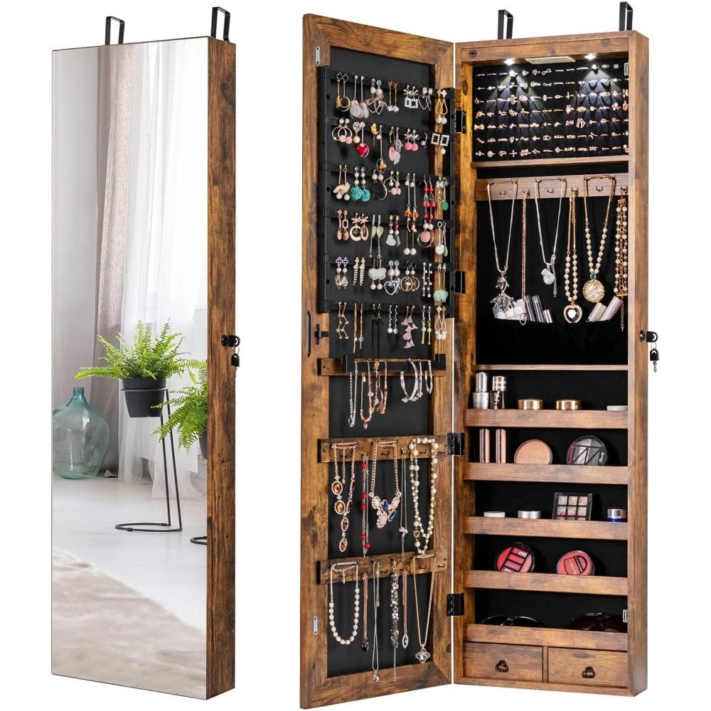 image:imageGiantex Wall Door Mounted Jewelry Armoire Cabinet with 475 H Full Length Mirror 2 LEDs Lockable Jewelry Organizer Box with Bracelet Rod 2 Drawers Large Storage Capacity BlackRustic Brown