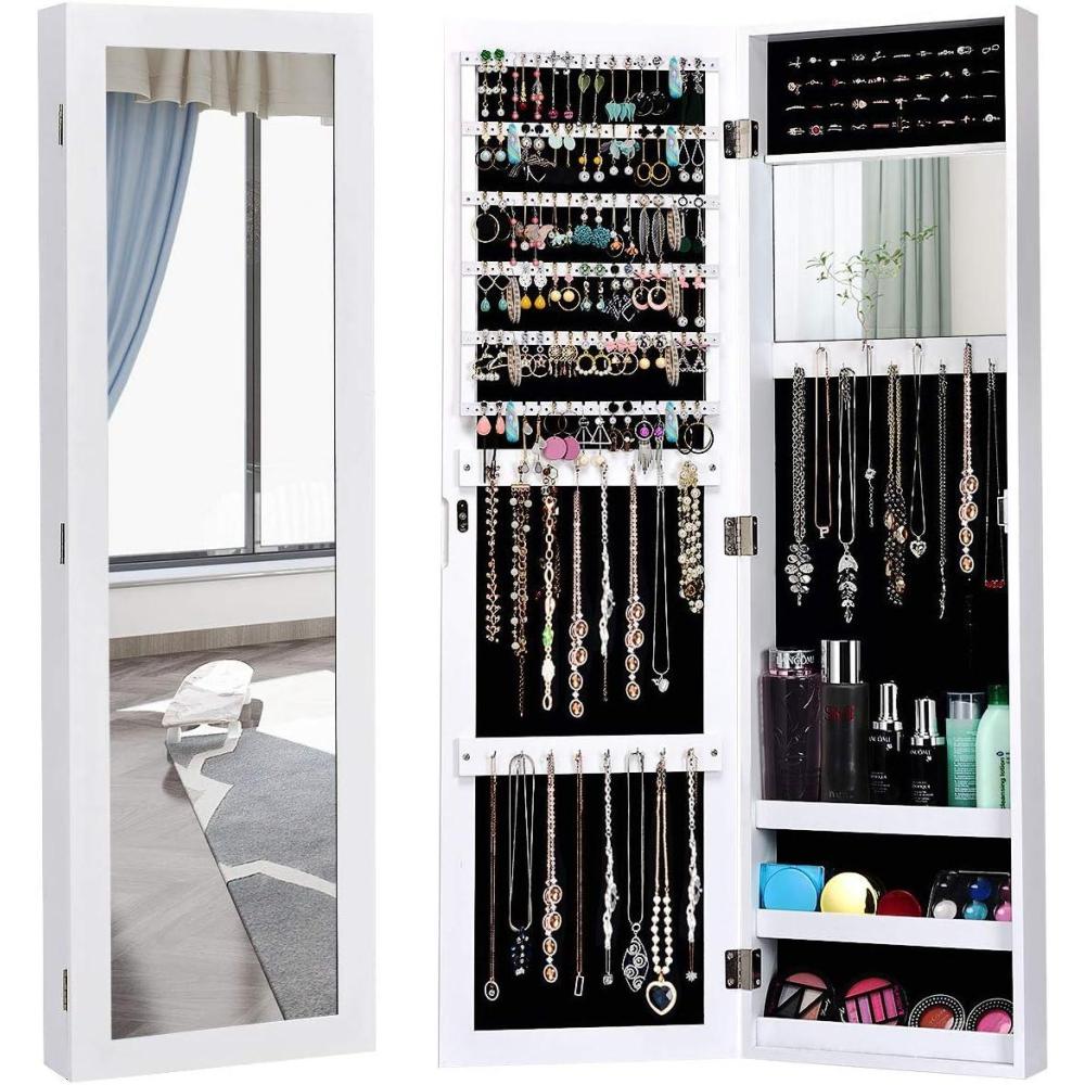 image:imageGiantex Wall Mounted Jewelry Cabinet with Full Length Mirror Over The Door Jewelry Armoire Organizer with Large Storage Makeup Mirror amp Velvet Lining BrownWhite