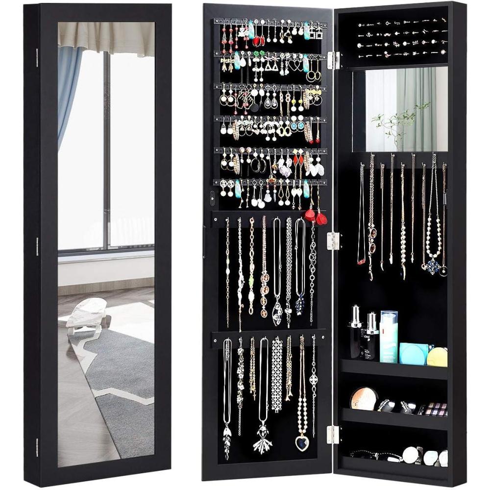 image:imageGiantex Wall Mounted Jewelry Cabinet with Full Length Mirror Over The Door Jewelry Armoire Organizer with Large Storage Makeup Mirror amp Velvet Lining BrownBlack