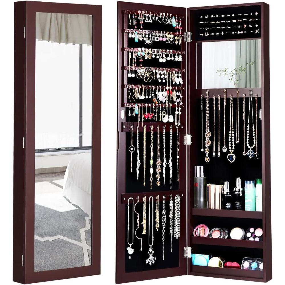 image:imageGiantex Wall Mounted Jewelry Cabinet with Full Length Mirror Over The Door Jewelry Armoire Organizer with Large Storage Makeup Mirror amp Velvet Lining BrownBrown