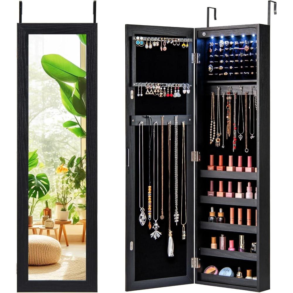 image:imageGiantex Wall or Door Mounted Jewelry Cabinet with Full Length Mirror Over The Door Jewelry Armoire Organizer Hanging Storage Cabinet with Necklace Hooks Earring Slots Ring Slots amp Shelves WhiteBlack