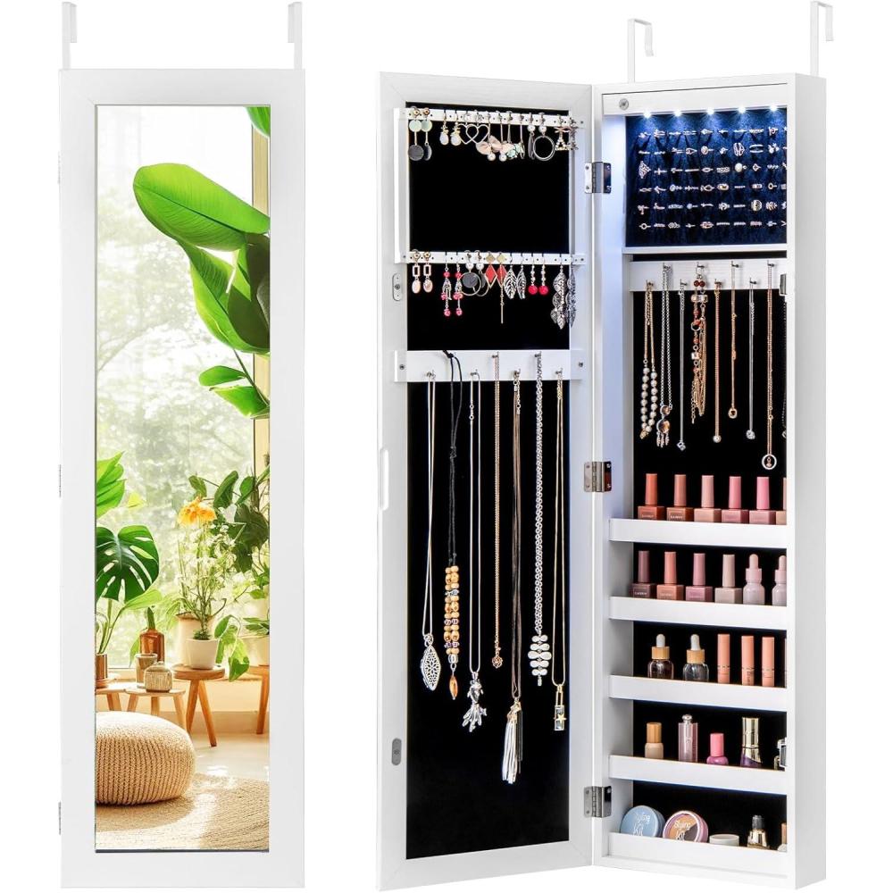 image:imageGiantex Wall or Door Mounted Jewelry Cabinet with Full Length Mirror Over The Door Jewelry Armoire Organizer Hanging Storage Cabinet with Necklace Hooks Earring Slots Ring Slots amp Shelves WhiteWhite