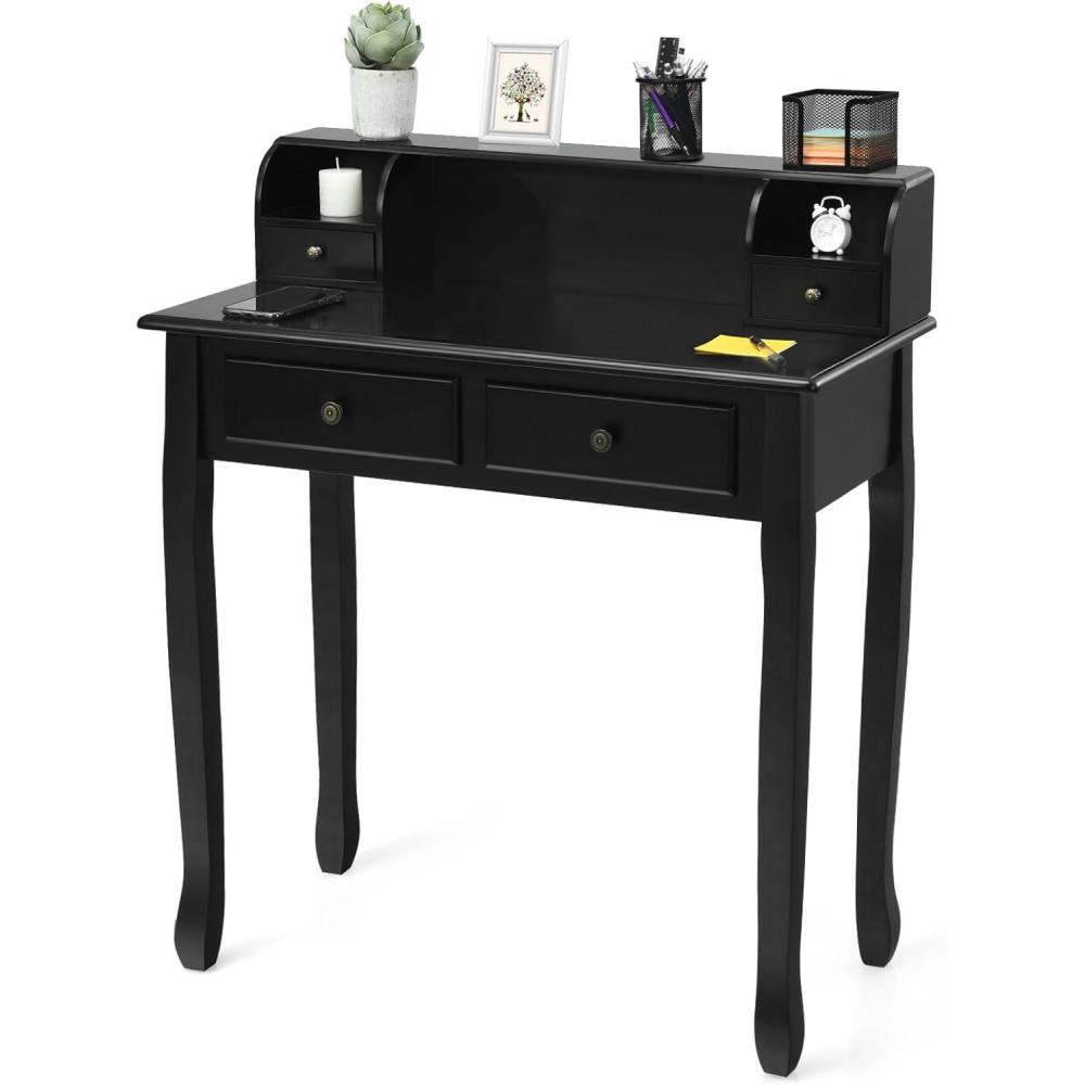 image:imageGiantex Writing Desk with 4 Drawers Removable Floating Organizer 2Tier Mission Home Computer Vanity Desk for Apartment Small Space WhiteBlack