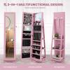 CHARMAID 360° Swivel Jewelry Armoire with Higher Full Length Mirror, Standing Lockable Jewelry Cabinet Organizer with Large Storage Capacity, Inside Makeup Mirror, Back Storage Shelves (Walnut)(Pink)