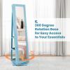 CHARMAID 360° Swivel Jewelry Armoire with Higher Full Length Mirror, Standing Lockable Jewelry Cabinet Organizer with Large Storage Capacity, Inside Makeup Mirror, Back Storage Shelves (Walnut)(Sky Blue)