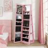 CHARMAID 360° Swivel Jewelry Armoire with Higher Full Length Mirror, Standing Lockable Jewelry Cabinet Organizer with Large Storage Capacity, Inside Makeup Mirror, Back Storage Shelves (Walnut)(Pink)
