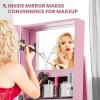 CHARMAID 360° Swivel Jewelry Armoire with Higher Full Length Mirror, Standing Lockable Jewelry Cabinet Organizer with Large Storage Capacity, Inside Makeup Mirror, Back Storage Shelves (Walnut)(Pink)
