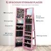 CHARMAID 360° Swivel Jewelry Armoire with Higher Full Length Mirror, Standing Lockable Jewelry Cabinet Organizer with Large Storage Capacity, Inside Makeup Mirror, Back Storage Shelves (Walnut)(Pink)