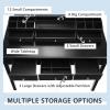 CHARMAID Makeup Vanity Desk with Lights and Mirror, Tri-Folding Lighted Mirror with 3 Color Modes, Vanity Table Set with 6 Drawers, 12 Storage Compartments & Cushioned Stool for Bedroom, Black(Black)
