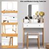 CHARMAID Small Vanity Desk with Mirror, White Makeup Vanity Desk with 3 Drawers, Adjustable Heights, Compact Bedroom Dressing Table with Stool for Small Space(White & Natural (No Light))