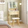 CHARMAID Small Vanity Desk with Mirror, White Makeup Vanity Desk with 3 Drawers, Adjustable Heights, Compact Bedroom Dressing Table with Stool for Small Space(White & Natural)