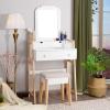 CHARMAID Small Vanity Desk with Mirror, White Makeup Vanity Desk with 3 Drawers, Adjustable Heights, Compact Bedroom Dressing Table with Stool for Small Space(White & Natural (No Light))