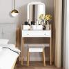 CHARMAID Small Vanity Desk with Mirror, White Makeup Vanity Desk with 3 Drawers, Adjustable Heights, Compact Bedroom Dressing Table with Stool for Small Space(White & Natural (No Light))