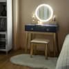CHARMAID Vanity Desk with Mirror and Lights, White Makeup Vanity Desk with 4 Drawers, 3 Color Lighting Modes, Adjustable Brightness, Modern Dressing Table with Vanity Stool for Girls Small Bedroom(Navy Blue + Warm Wood)