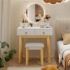 CHARMAID Vanity Desk with Mirror and Lights, White Makeup Vanity Desk with 4 Drawers, 3 Color Lighting Modes, Adjustable Brightness, Modern Dressing Table with Vanity Stool for Girls Small Bedroom(White + Warm Wood)