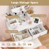 CHARMAID Vanity Desk with Mirror and Lights, White Makeup Vanity Desk with 4 Drawers, 3 Color Lighting Modes, Adjustable Brightness, Modern Dressing Table with Vanity Stool for Girls Small Bedroom(White + Warm Wood)