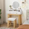 CHARMAID Vanity Desk with Mirror and Lights, White Makeup Vanity Desk with 4 Drawers, 3 Color Lighting Modes, Adjustable Brightness, Modern Dressing Table with Vanity Stool for Girls Small Bedroom(White + Warm Wood)