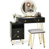 CHARMAID Vanity Desk with Reversible Side Cabinet, Makeup Vanity Table with Lighted Mirror, 3 Color Lights, 4 Drawers, Bedroom Dressing Table with Nightstand and Stool, Rustic Brown(Marble Black)