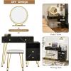 CHARMAID Vanity Desk with Reversible Side Cabinet, Makeup Vanity Table with Lighted Mirror, 3 Color Lights, 4 Drawers, Bedroom Dressing Table with Nightstand and Stool, Rustic Brown(Marble Black)