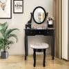 CHARMAID Vanity Set with 360° Rotatable Oval Mirror, Modern Makeup Dressing Table with Cushioned Stool for Girls Women Bedroom, Black(Black)