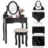 CHARMAID Vanity Set with 360° Rotatable Oval Mirror, Modern Makeup Dressing Table with Cushioned Stool for Girls Women Bedroom, Black(Black)