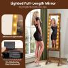 Giantex Standing Jewelry Armoire with 18 LED Lights Around the Door, Large Storage Mirrored Jewelry Cabinet with Full Length Mirror, 16 Lipstick Holders, 1 Inside Makeup Mirror (White)(Rustic Brown)