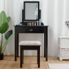 Giantex Vanity Dressing Table Stool Set, for Bedroom Vanities Furniture with Large 360° Rotating Makeup Mirror Solid Wood Legs Padded Linen Fabric Bench, Vanity Tables with Drawers, Black（1 Drawer）