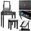 Giantex Vanity Dressing Table Stool Set, for Bedroom Vanities Furniture with Large 360° Rotating Makeup Mirror Solid Wood Legs Padded Linen Fabric Bench, Vanity Tables with Drawers, Black（1 Drawer）