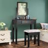 Giantex Vanity Dressing Table Stool Set, for Bedroom Vanities Furniture with Large 360° Rotating Makeup Mirror Solid Wood Legs Padded Linen Fabric Bench, Vanity Tables with Drawers, Black（1 Drawer）