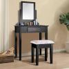 Giantex Vanity Dressing Table Stool Set, for Bedroom Vanities Furniture with Large 360° Rotating Makeup Mirror Solid Wood Legs Padded Linen Fabric Bench, Vanity Tables with Drawers, Black（1 Drawer）
