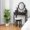 Giantex Vanity Makeup Table Set Bedroom Furniture with Cushioned Padded Stool & 5 Drawer Round 360 Degree Rotation Swivel Mirror Dressing Table Stool Wooden Vanity Set (Black with 5 Drawer)