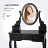 Giantex Vanity Makeup Table Set Bedroom Furniture with Cushioned Padded Stool & 5 Drawer Round 360 Degree Rotation Swivel Mirror Dressing Table Stool Wooden Vanity Set (Black with 5 Drawer)