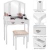 Giantex Vanity Set Makeup Table with Stool, Dressing Tables with 4 Drawers, Tri-Folding Mirror, Large Mirrored Room Vanity Desk for Bedroom Bathroom Padded Seat Chair Vanities, White