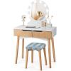 Giantex Vanity Set with Round Lighted Mirror, Makeup Dressing Table with 8 Light Bulbs and Brightness Adjustable, Bedroom Makeup Table with Cushioned Stool and 2 Sliding Drawers (White)(Natural)