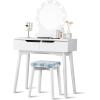Giantex Vanity Set with Round Lighted Mirror, Makeup Dressing Table with 8 Light Bulbs and Brightness Adjustable, Bedroom Makeup Table with Cushioned Stool and 2 Sliding Drawers (White)(White)
