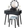 Giantex Vanity Set with Round Lighted Mirror, Makeup Dressing Table with 8 Light Bulbs and Brightness Adjustable, Bedroom Makeup Table with Cushioned Stool and 2 Sliding Drawers (White)(Black)