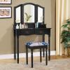 Giantex Vanity Set with Tri-Folding Mirror, Makeup Dressing Table with 4 Drawers and Storage Shelf, Modern Bedroom Bathroom Makeup Vanity Desk with Cushioned Stool for Girls Women (Black)(Black)