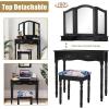 Giantex Vanity Set with Tri-Folding Mirror, Makeup Dressing Table with 4 Drawers and Storage Shelf, Modern Bedroom Bathroom Makeup Vanity Desk with Cushioned Stool for Girls Women (Black)(Black)